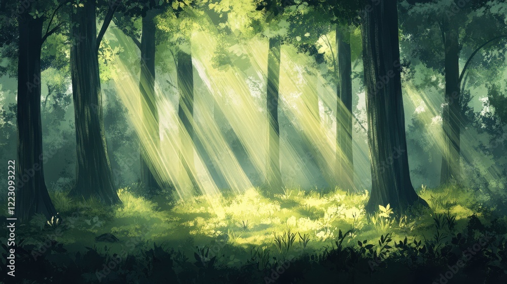 Poster sunlit forest glade with lush greenery and tall trees in serene natural setting