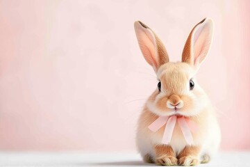 Obraz premium Adorable fluffy rabbit with a pink ribbon sitting against a soft pink background, evoking cuteness