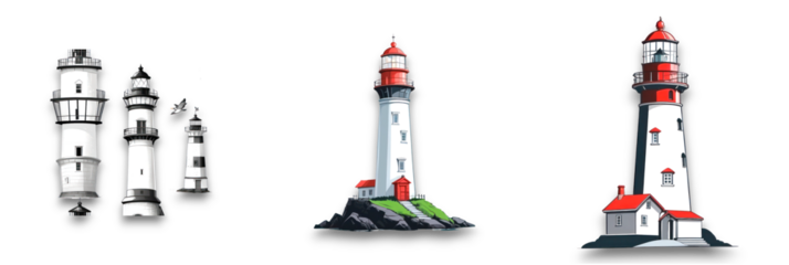 Three isolated lighthouses on a transparent background