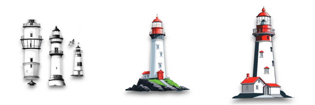 Three isolated lighthouses on a transparent background