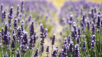 Obraz premium Aromatic fields of lavender in sunlight with soft focus background, lavender field, rolling hills