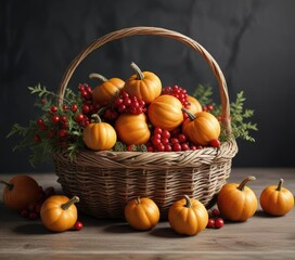 arrangement of decorative pumpkins and red berries in a wicker basket, red berries, autumn