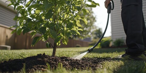 Watering a newly planted tree with a garden hose