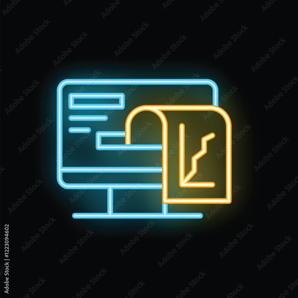 Poster neon icon of a computer displaying a decreasing graph, representing a market crash in the financial 