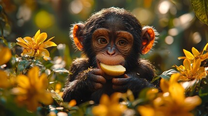 Fototapeta premium Playful Monkey Peeling and Eating Banana in Vibrant Tropical Jungle Setting