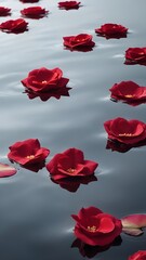 Fototapeta premium A tranquil close-up of red rose petals floating on water, with soft reflections and negative space for text placement. 