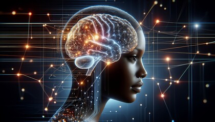 A detailed digital illustration of a humanoid figure with a glowing brain, surrounded by interconnected lines and lights, representing advanced artificial intelligence and neural networks.
