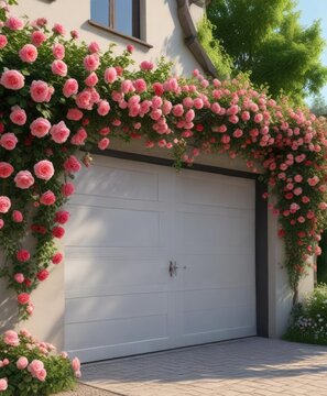 Automatic garage door with gentle swing motion above a row of perfectly pruned and blooming roses, Softly Opening Door, Rose Pruning, Automated Door Opener