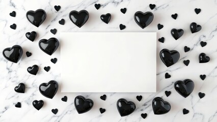Minimalistic White Card with Black Hearts on a Marble Surface for Romantic or Wedding Themes, Valentines Day Greeting Card, Gift Idea, Wallpaper Banner Background