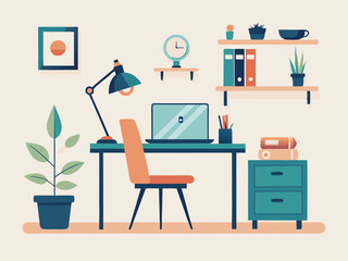 Cozy Home Office Flat Vector Illustration with Teal and Orange Accents