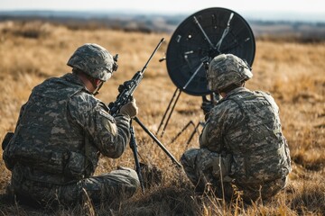 Soldiers establishing satellite communication in remote terrain for enhanced connectivity
