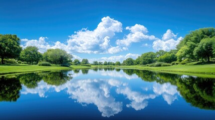 Fototapeta premium Lush green trees line a calm river reflecting fluffy white clouds under a bright blue sky.