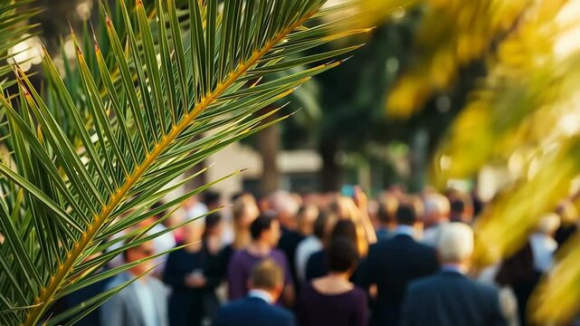  Palm Leaf Foreground with Blurred People in Background. Religious Concept of Palm Sunday with Celebration and Gathering, Nature and Spirituality