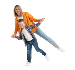 Happy mother with her cute little son on white background