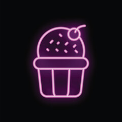 Bright pink neon sign of a cupcake with cherry on top, glowing in the dark