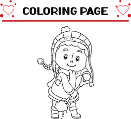 little girl is playing snow coloring page for kids