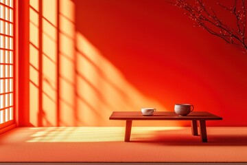 Cena minimalista com decora&ccedil;&atilde;o asi&aacute;tica tradicional em tons quentes de vermelho e laranja, com x&iacute;caras de ch&aacute; e sombra de flores de cerejeira em um ambiente iluminado, criada com IA generativa.
