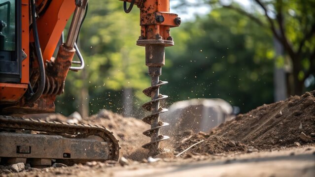 Powerful Construction Drill Machine in Action, Excavating Earth in a Sunlit Outdoor Setting Wallpaper Background