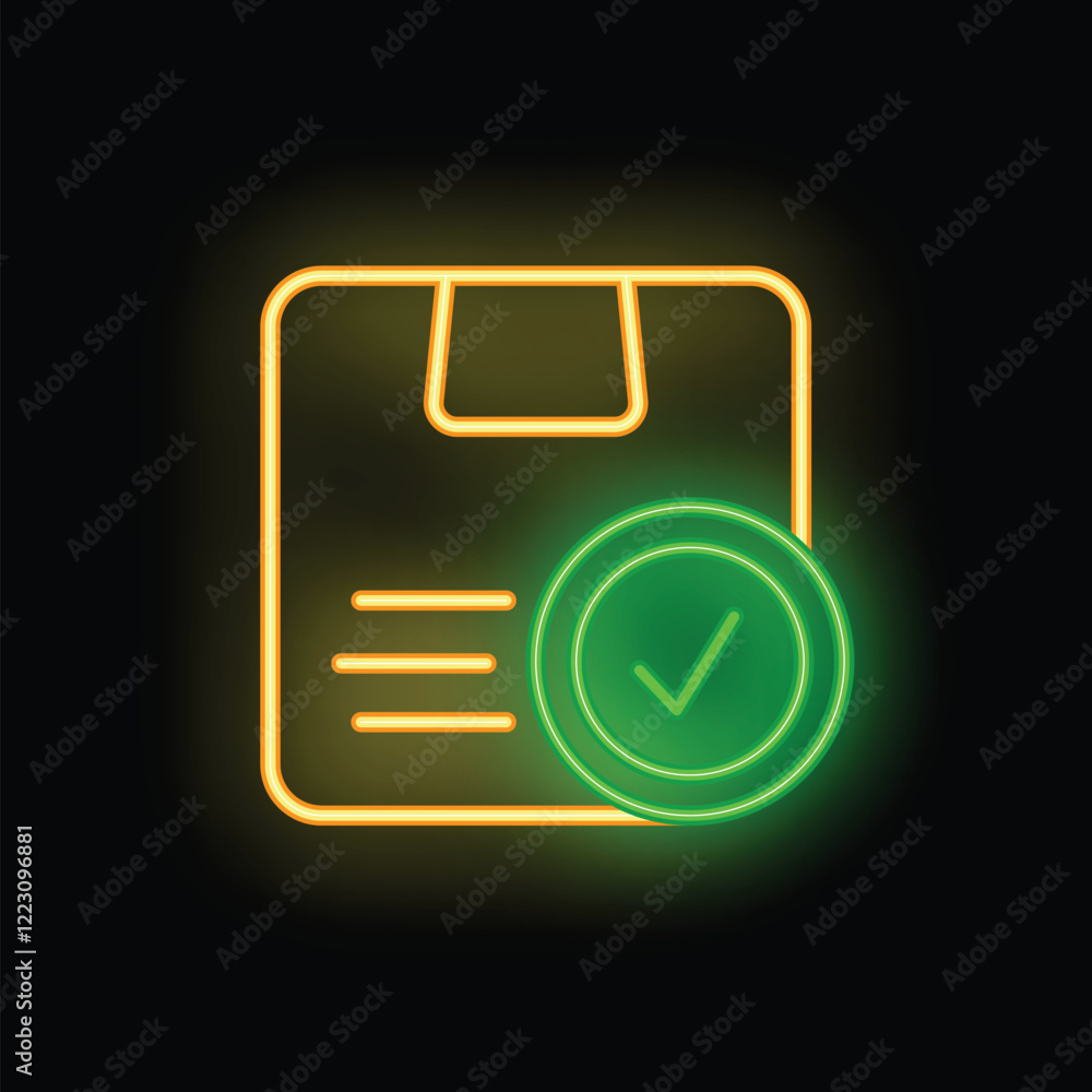 Aufkleber glowing neon green check mark is hovering over a document with text, indicating successful completio