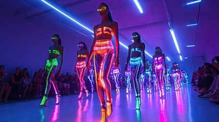 Models showcase vibrant neon outfits under dynamic lighting, cre