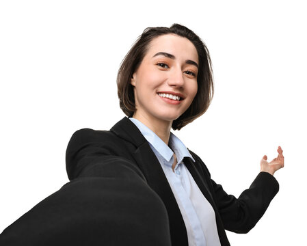 Happy businesswoman welcoming clients or partners via video call on white background