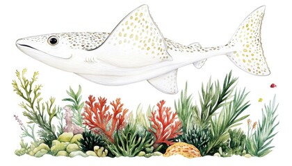 Illustration of a fish swimming through vibrant coral reef, showcasing marine life and underwater beauty