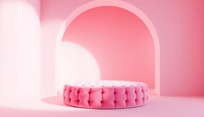 Minimalist Pink Interior Featuring an Archway and a Circular Platform in Soft Lighting