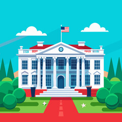 Cartoon White House Illustration with Neoclassical Architecture and Patriotic Elements