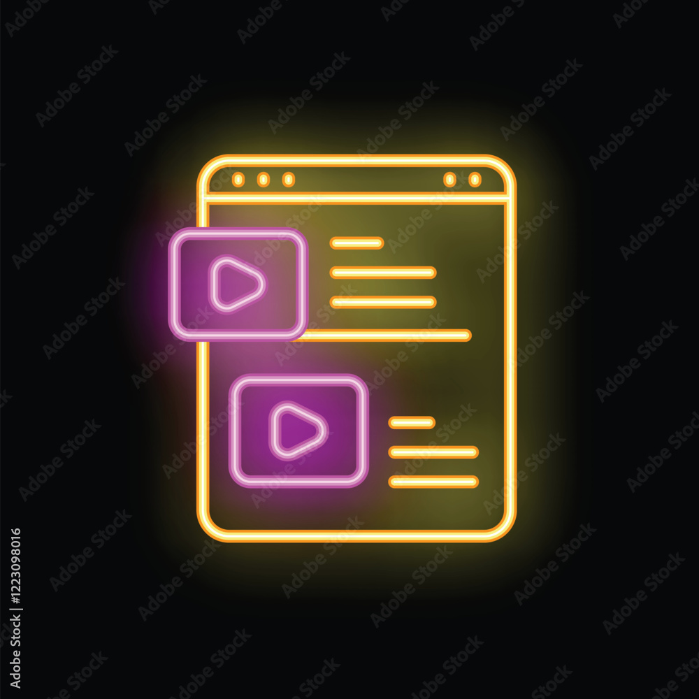 Poster neon sign representing an online video player interface with play buttons, symbolizing digital conte