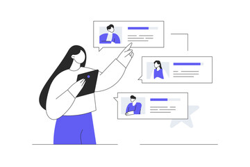 Customer reviews, feedback page. Woman reading user experience comments and client satisfaction rating. Flat Cartoon Vector Illustration, icon. Stylish abstract 