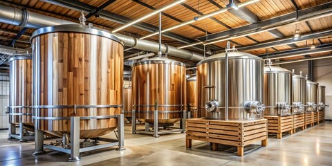 Obraz premium Beer brewery with large wooden barrels and fermentation tanks, brewing process, production, beer