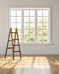 Wooden Ladder Leaning Against Bright Window in Minimalist Room with Natural Light and Green View
