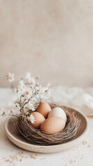 Happy Easter concept with easter eggs in nest and spring flowers. Easter background with copy space