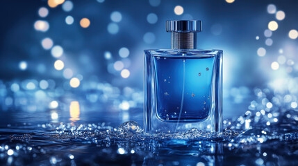 A bold perfume bottle standing tall against a serene water backdrop