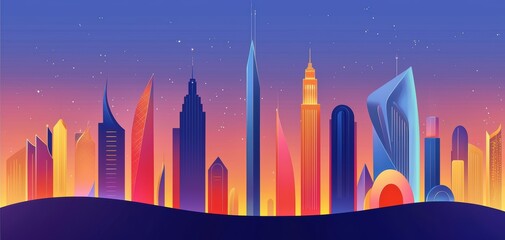 Fototapeta premium Nighttime skyline with glowing light trails weaving through skyscrapers, representing a futuristic smart city concept