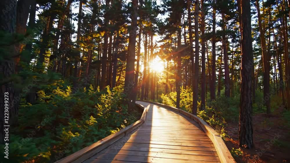 Poster Sunlight filters through tall trees along a winding boardwalk in a serene forest environment
