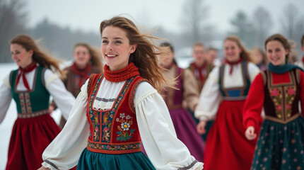 Fototapeta premium Slavic cultural celebration with women dancing a round dance in winter. The image focuses on the colorful national costumes of women performing a joyful circle dance