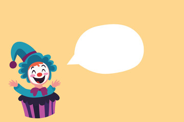 Cute jester clown in a cupcake costume with a speech bubble on a light orange background, playful and perfect for April Fools.