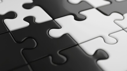 Fototapeta premium Close-up of Interlocking Black and White Puzzle Pieces on a Smooth Surface for Conceptual Meaning