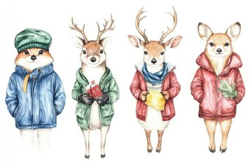 Obraz premium Four whimsical woodland animals dressed in winter attire, celebrating the holiday season