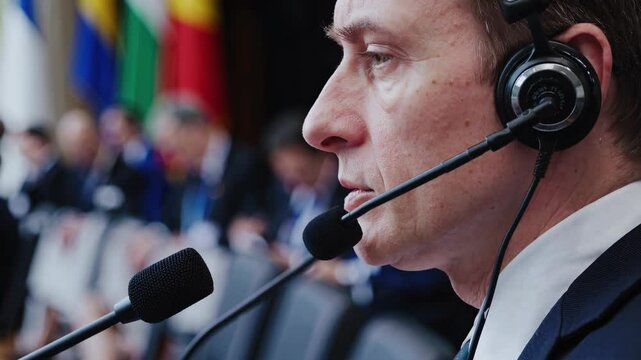 International conference with interpreters discussing global issues in a formal setting