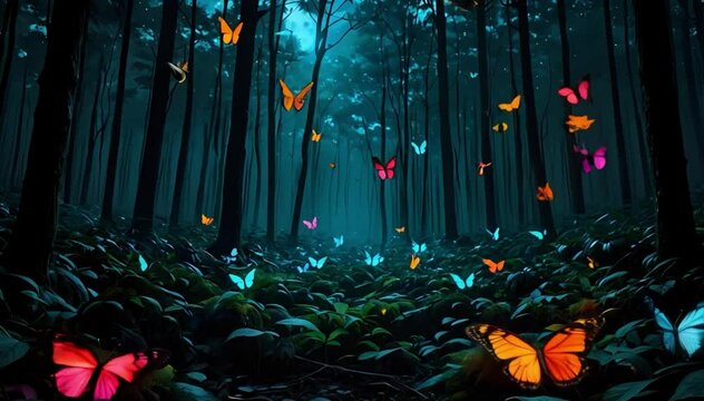  butterflies neon color in mystical forest