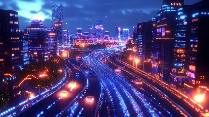 Fototapeta premium modern asian smart city powered by AI, with drones, self-driving cars, and smart infrastructure highlighted by glowing circuits, 16:9