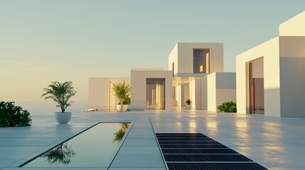 Modern Minimalist Architecture with Pool and Seaside View during Sunrise in a Tropical Landscape