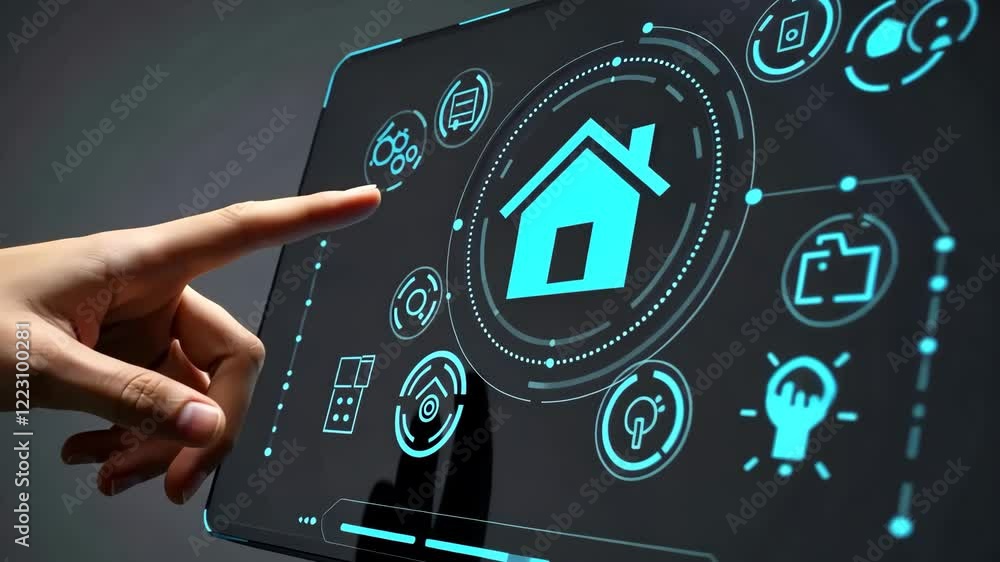 Poster finger touching smart home control panel on wall. modern automation system interface, technology for