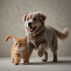 A close-up of a golden retriever and orange tabby cat running side by side in an excited and joyful manner. The background is minimal, drawing attention to their playful expressions.