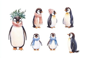 Fototapeta premium A charming collection of watercolor penguins wearing scarves and accessories in a snowy setting