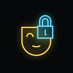 Glowing neon icon of a smiling face with a padlock, symbolizing the concept of keeping secrets safe and secure