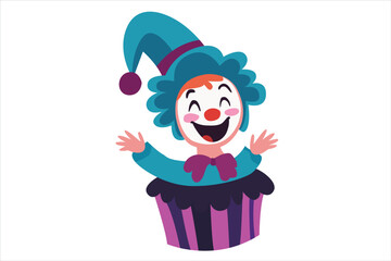 Cheerful blue clown cupcake character with a jester hat and red clown nose, celebrating April Fools Day in a playful design.