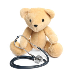 Pediatrics concept. Teddy bear and stethoscope isolated on white